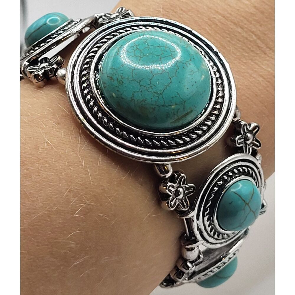 Vintage Southwestern Bohemian Turquoise Acrylic Silver Chunky Bangle Bracelet 8"